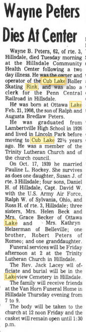 Cub Lake Roller Rink - Dec 2 1970 Owner Passes Away